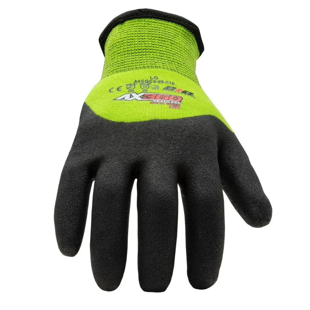 212 Performance AXCGC5-88-008 AX360 Seamless Nitrile-dipped Cut Resistant Cold Weather Hi-Viz Gloves (EN Level 5), Small Green;Black
