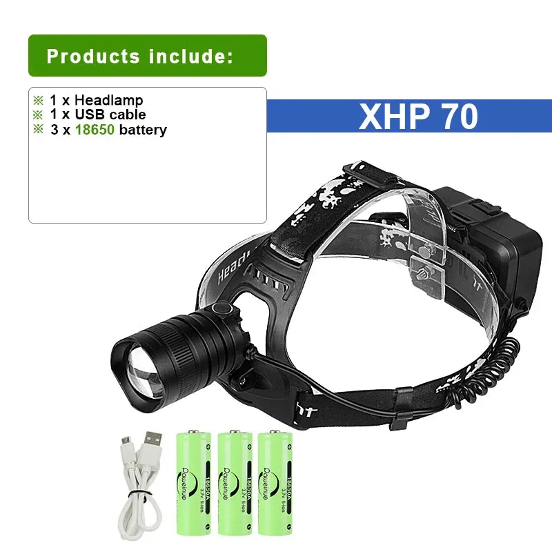 Ultra Powerful Rechargeable Headlamp XHP70 Led Headlight Flashlights 18650 Hiking Fishing Front Light Camping Head Lantern Torch